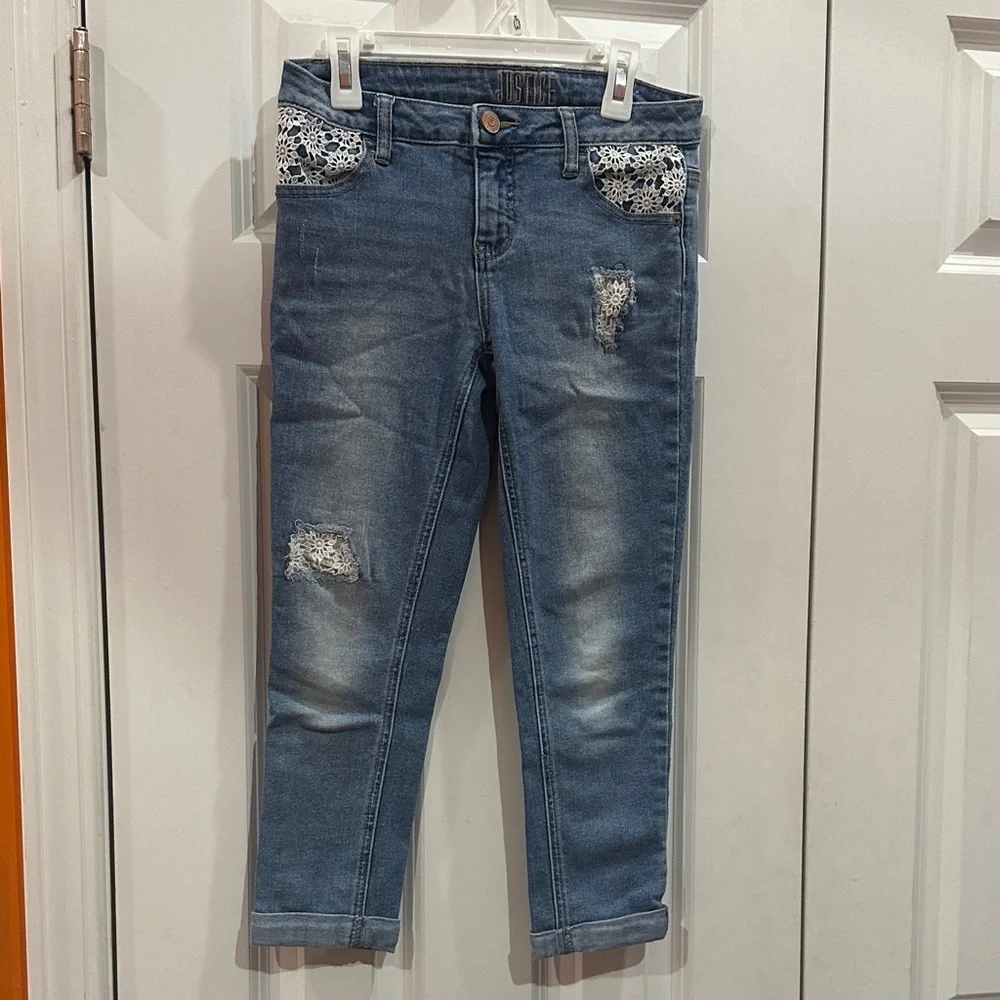 Justice Kids Blue Jeans with White Lace Pockets
